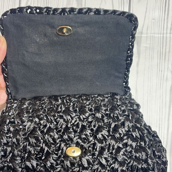 60s Vintage Bloomingdales black raffia purse evening handbag with gold straps - Picture 5 of 9